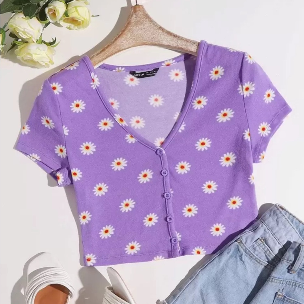 SHEIN Purple Daisy Button Down Top